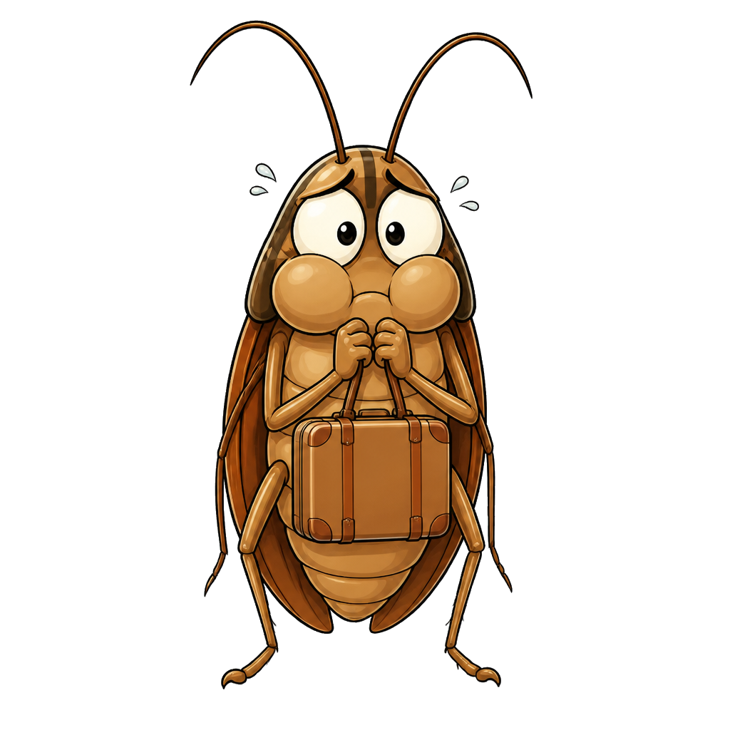 Cartoon German cockroach holding a suitcase, being evicted by an exterminator