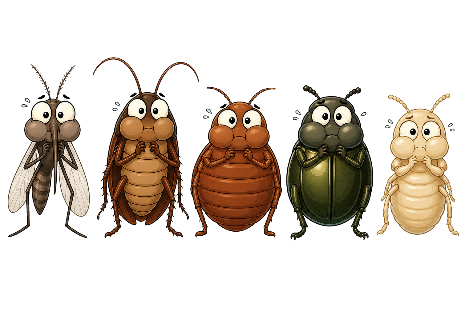 Cartoon bugs holding their breath during fumigation