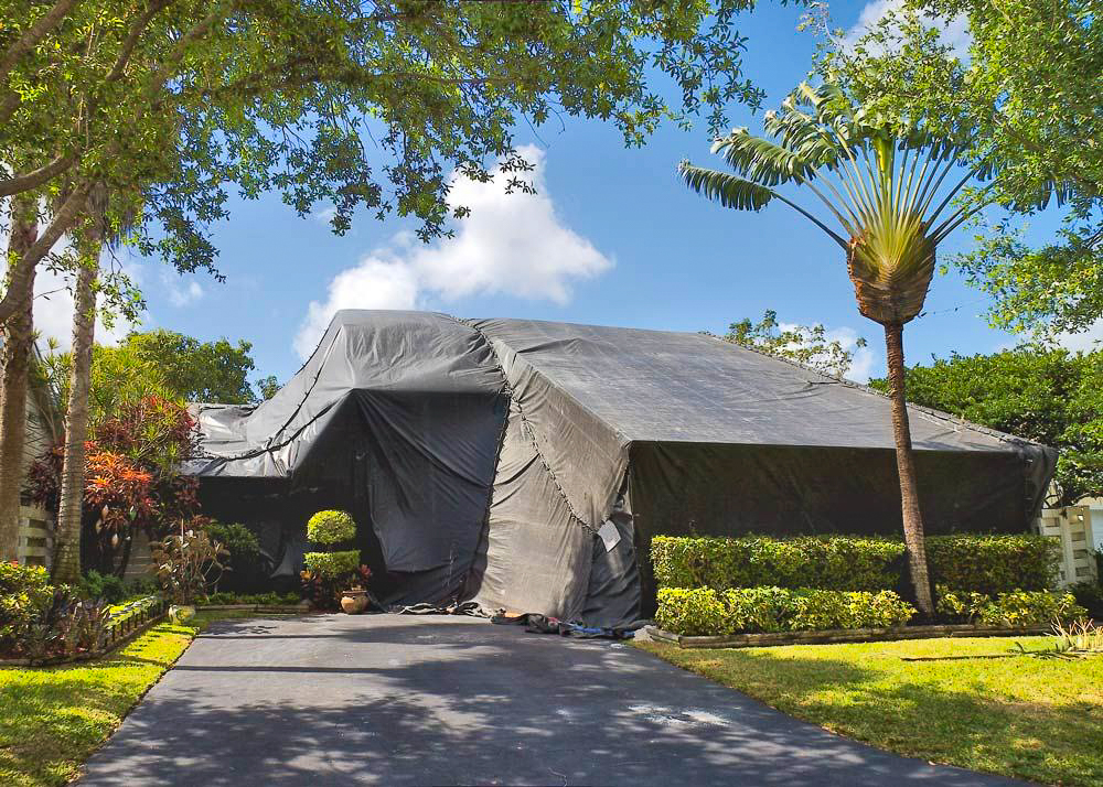 A structure sealed for whole-structure fumigation against a severe German roach infestation