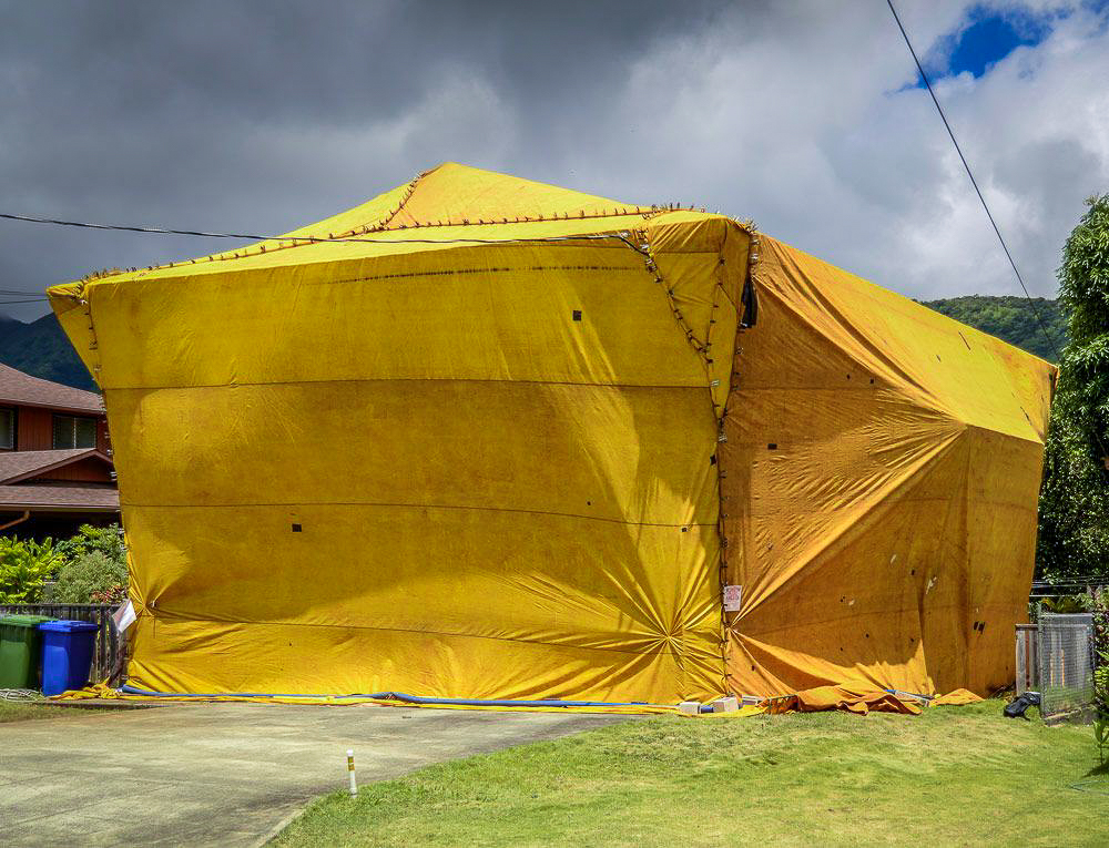 A home sealed and secured under a fumigation tent with warning signage